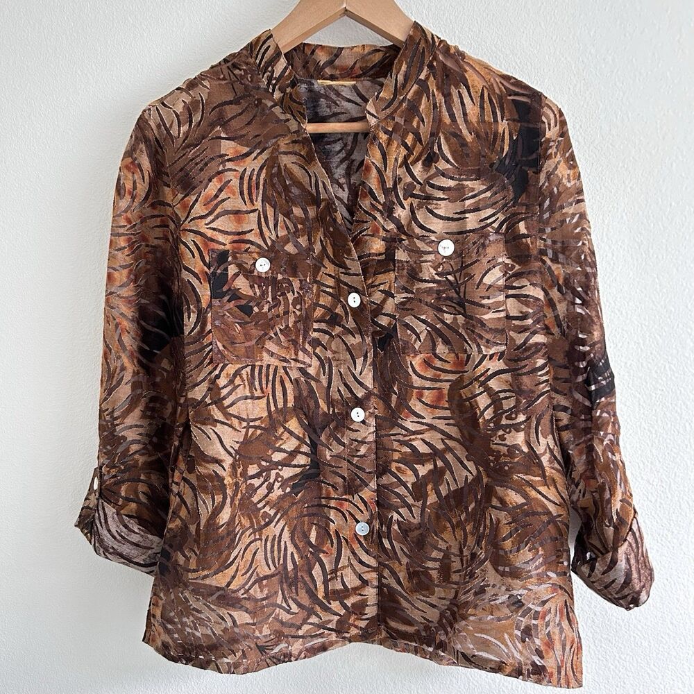Ruby Rd Blouse Size M Semi Sheer Burnout Floral Tropical Brown Forest Fairy